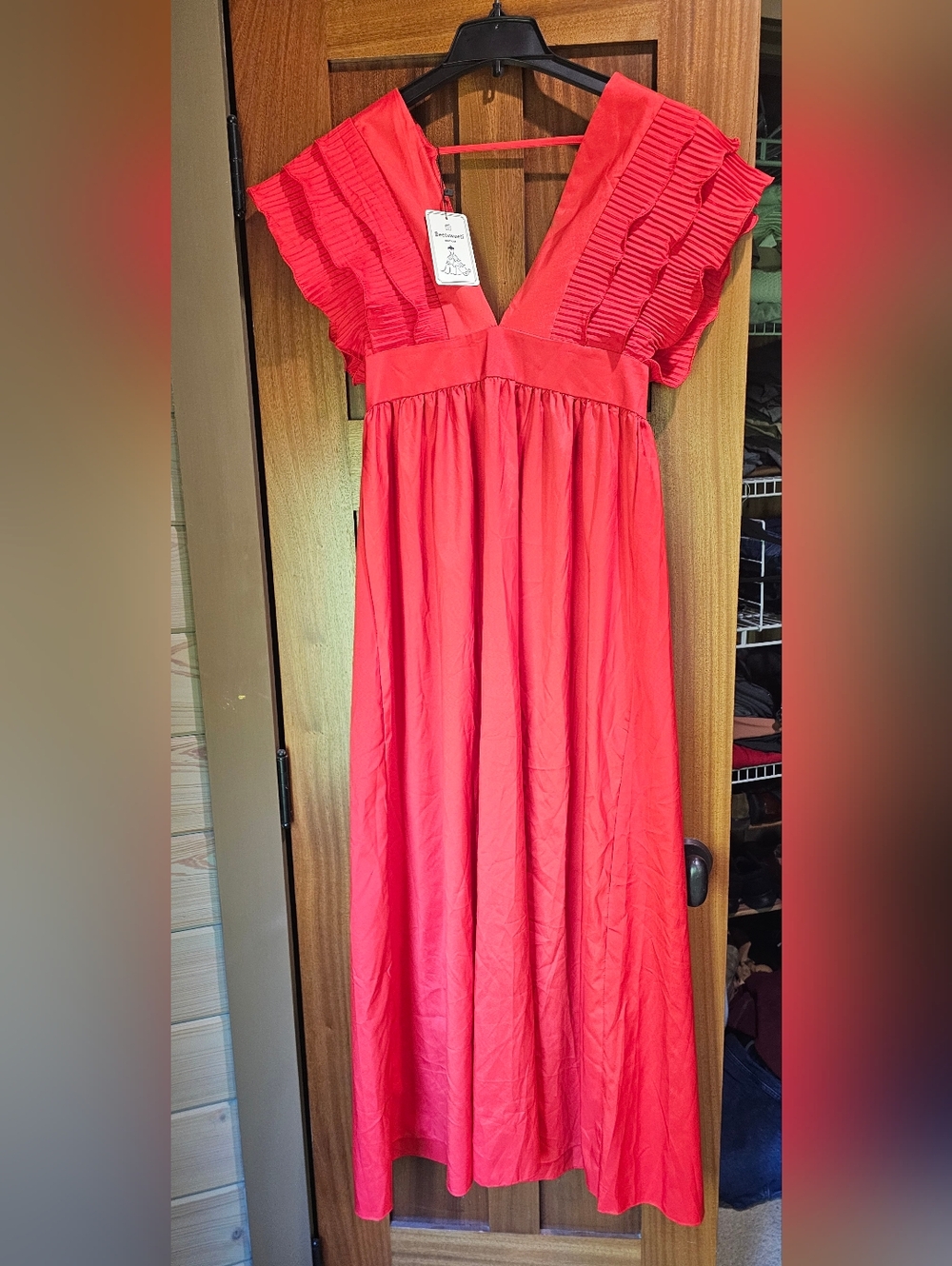 Vibrant Red Maxi Dress with Ruffled V-Neck